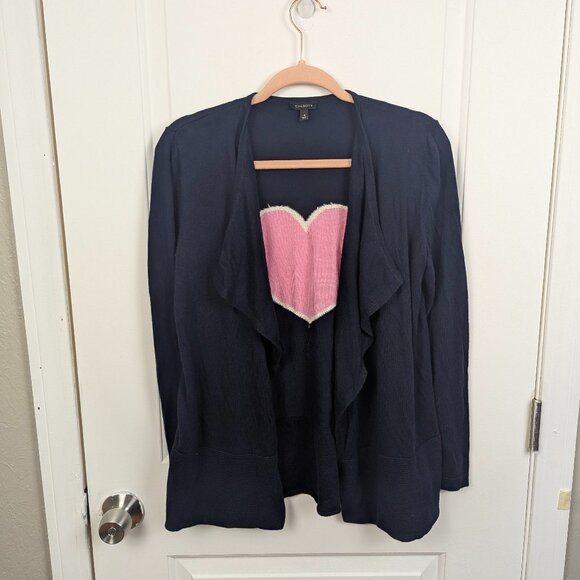 Talbots | Navy Blue Pink Heart Appliqué Open Front Cardigan Size Small - Picture 3 of 7